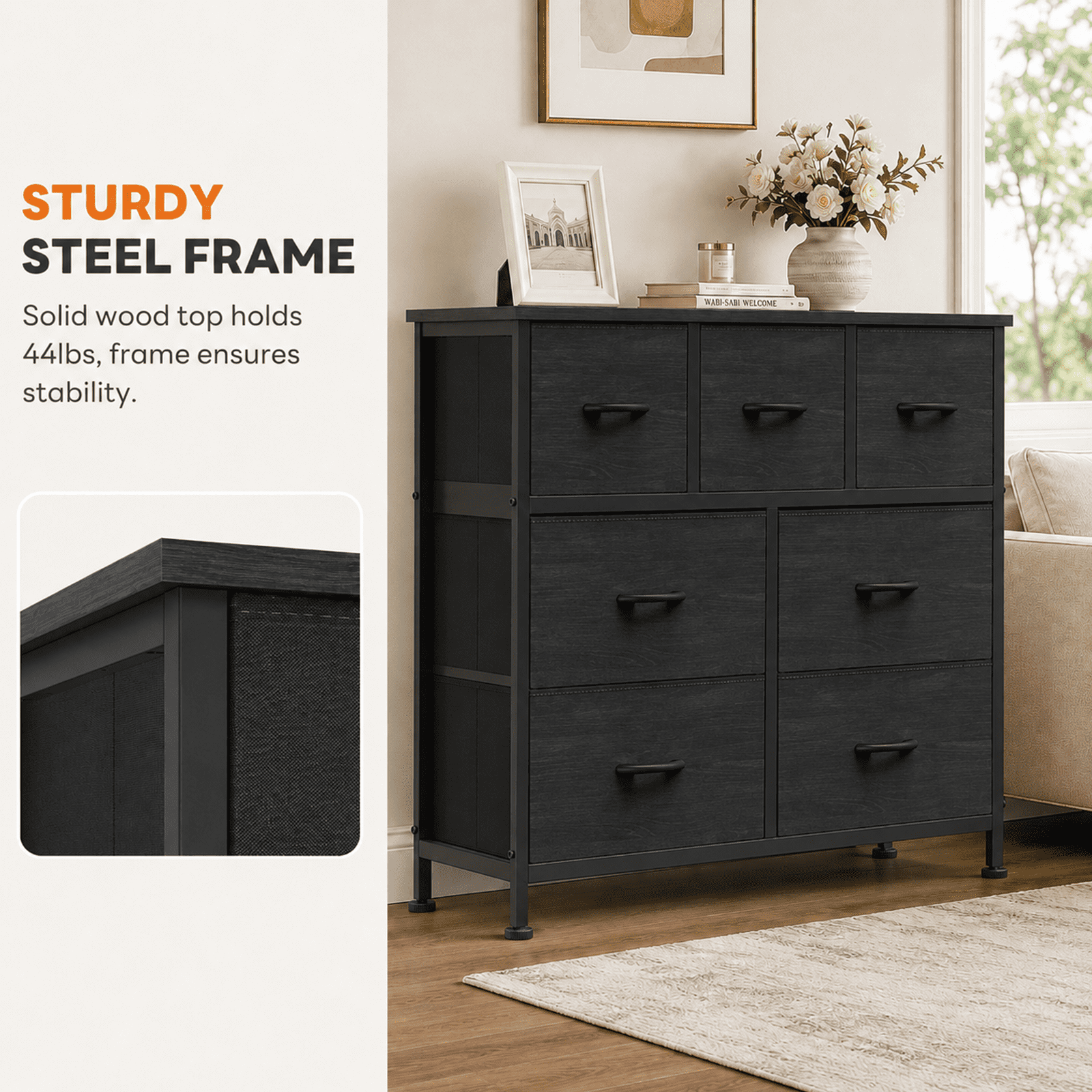 Alvantor 7/8/9-Dresser, Dresser for Bedroom Organizer Storage, Fabric Storage Tower with Sturdy Steel Frame, Wooden Top & Easy Pull Fabric Bins, Dresser for Living Room Entryway Clothes Organization