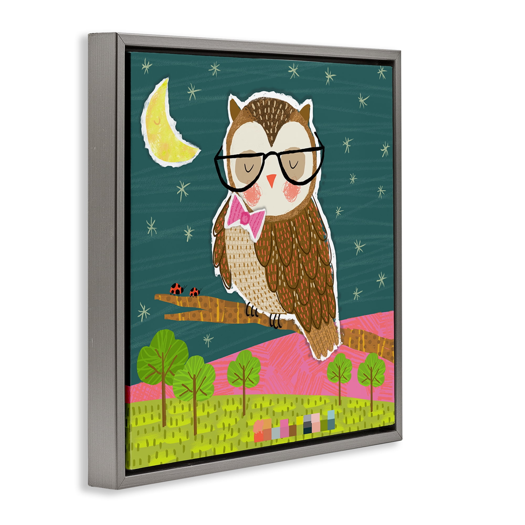 Stupell Industries Wise Owl on Branch Animals Painting Gray Floater Framed Canvas Art Print Wall Art, 18 x 18