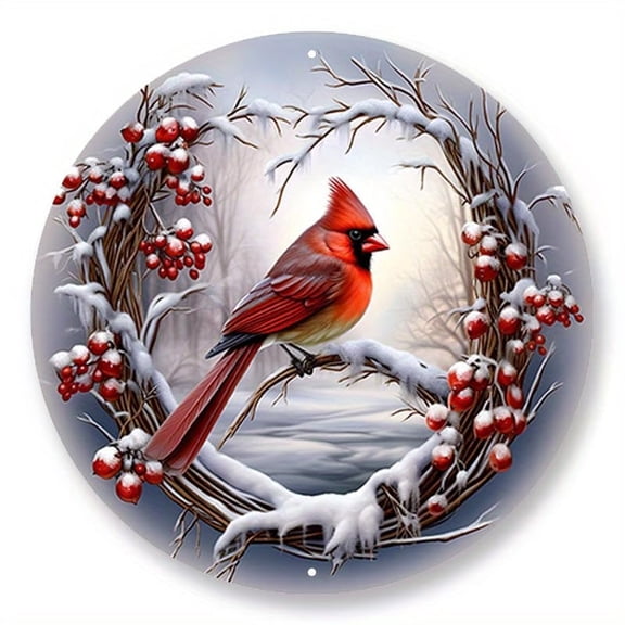 8x8inch Aluminum Cardinal Wreath Sign - Vibrant Gray & Red Bird Art - Durable Door Hanger for Festive Christmas & Winter Decor