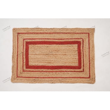 Rectangle Rug Natural Jute Rug Hand Braided Beige and Red Color Scalloped Area Rug