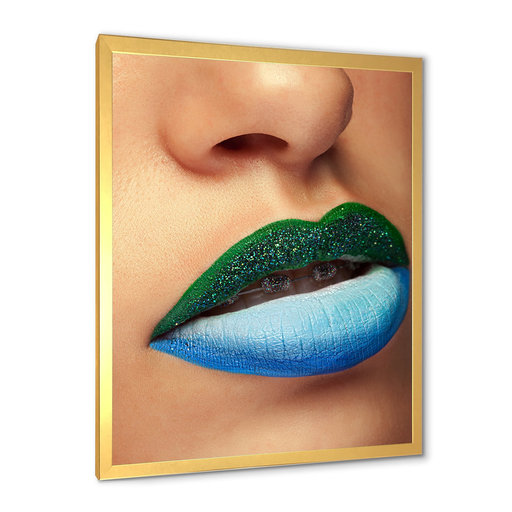Designart 'Close Up Woman Lips With Fashion Make Up and Brackets' Modern Framed Art Print