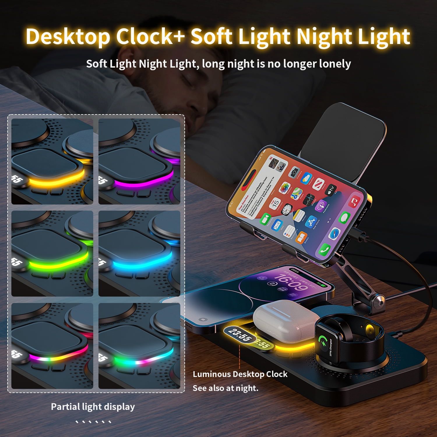 4 in 1 Fast Charging Station for iPhone, Wireless Charger for iPhone16/15/14/13/12 Series, iPad, Apple Watch, AirPods, Android Samsung Series and More, Black