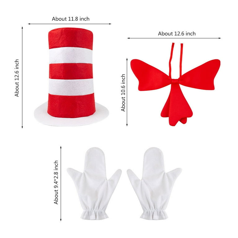 Halloween Costume Accessories Pack Red White Striped Hat Bow Furry Gloves Dr. Seuss Cat in the Hat Costume for Adults | Dr. Seuss Costume main image 4