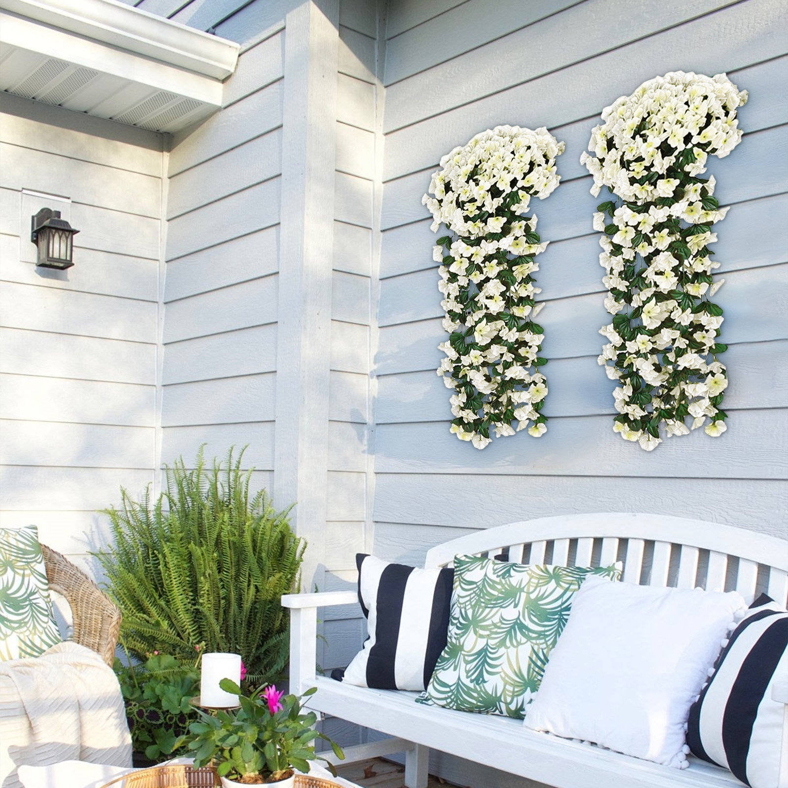 5pcs Artificial Hanging Flowers Outdoor Faux Plants Spring Decor Fake Mums Violets with Eucalyptus Realistic UV Resistant Trailing Vines Porch Yard Indoor Five-petal