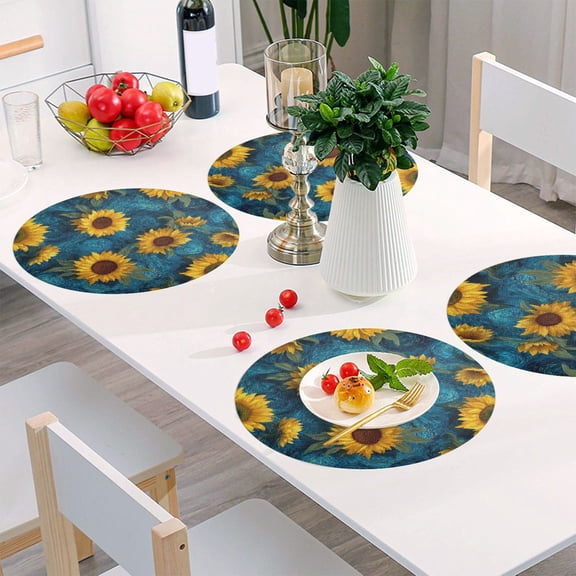 Round Grid Placemat ,One Sizex1, Round Placemat, PVC Plate Mat,15.4 Inch Non-Slip and Heat Resistant, Table Placemat, Dining Room Placemat Sunflower Float Blue Botanical