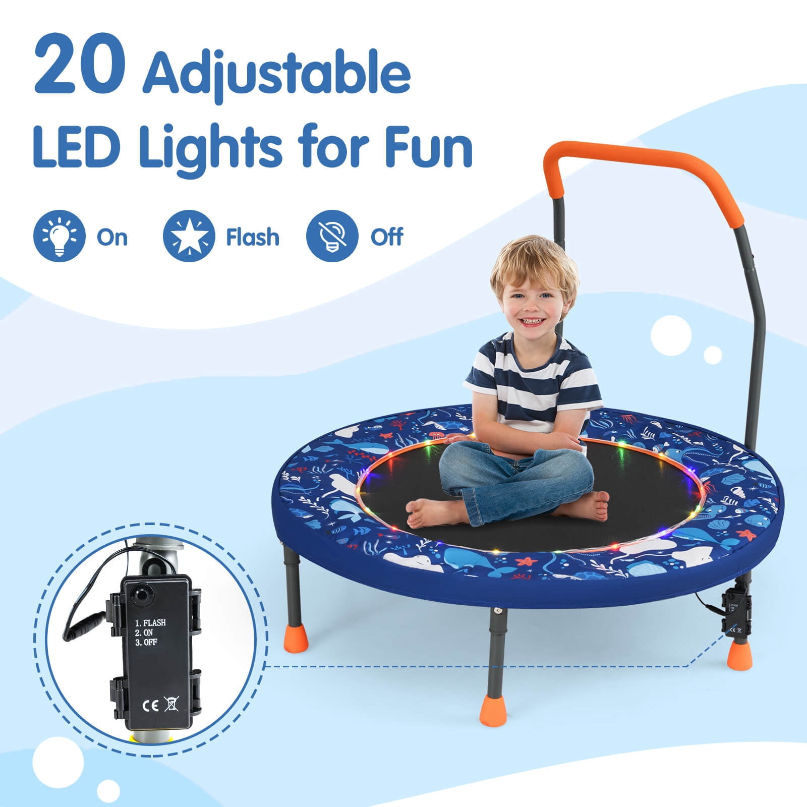 Infans 36" Foldable Kid Trampoline w/ 20 LED Lights Foam Handlebar Padded Safety Cover