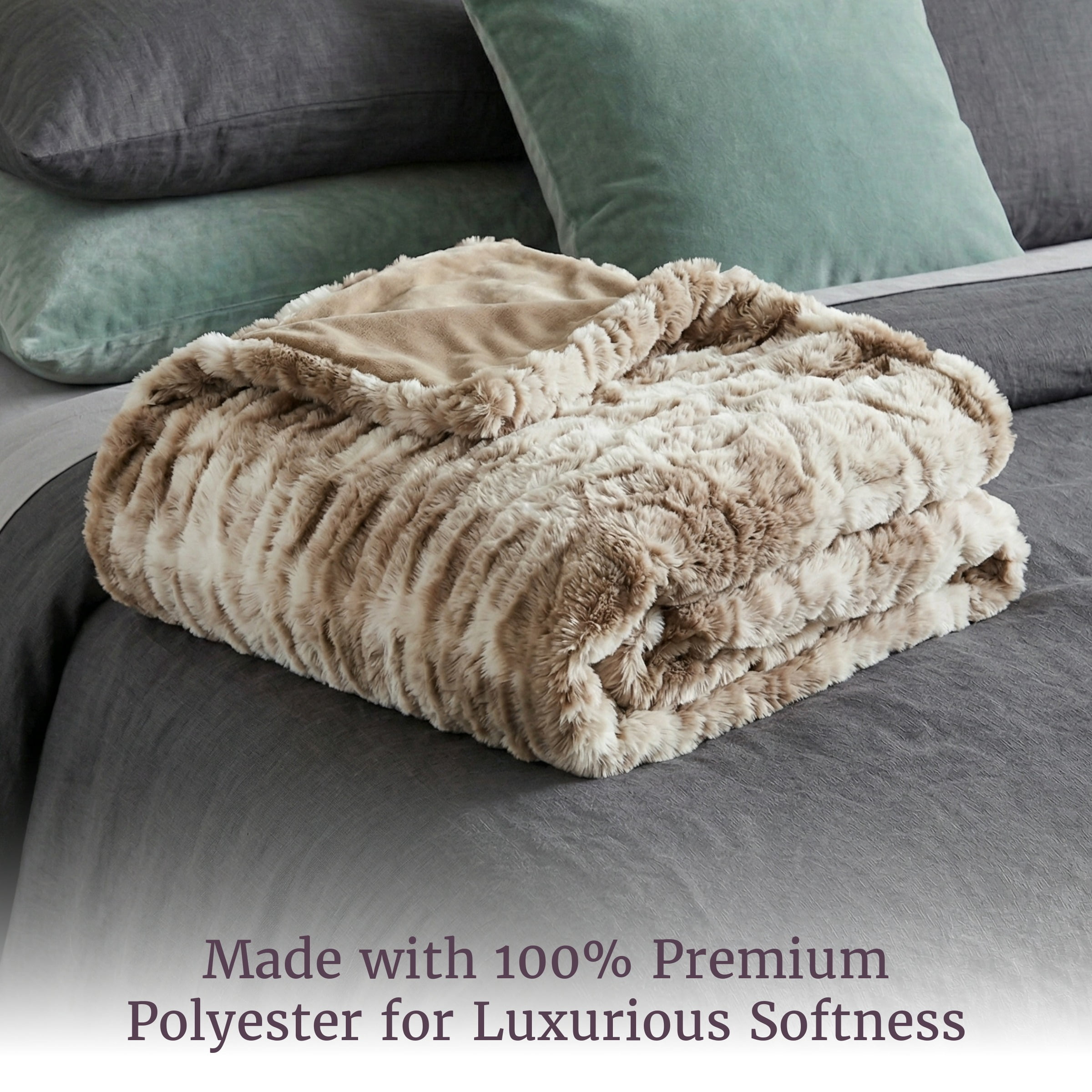 Lavish Home 60x80-Inch Ruched Faux Fur Blanket for Sofas and Beds (Taupe)