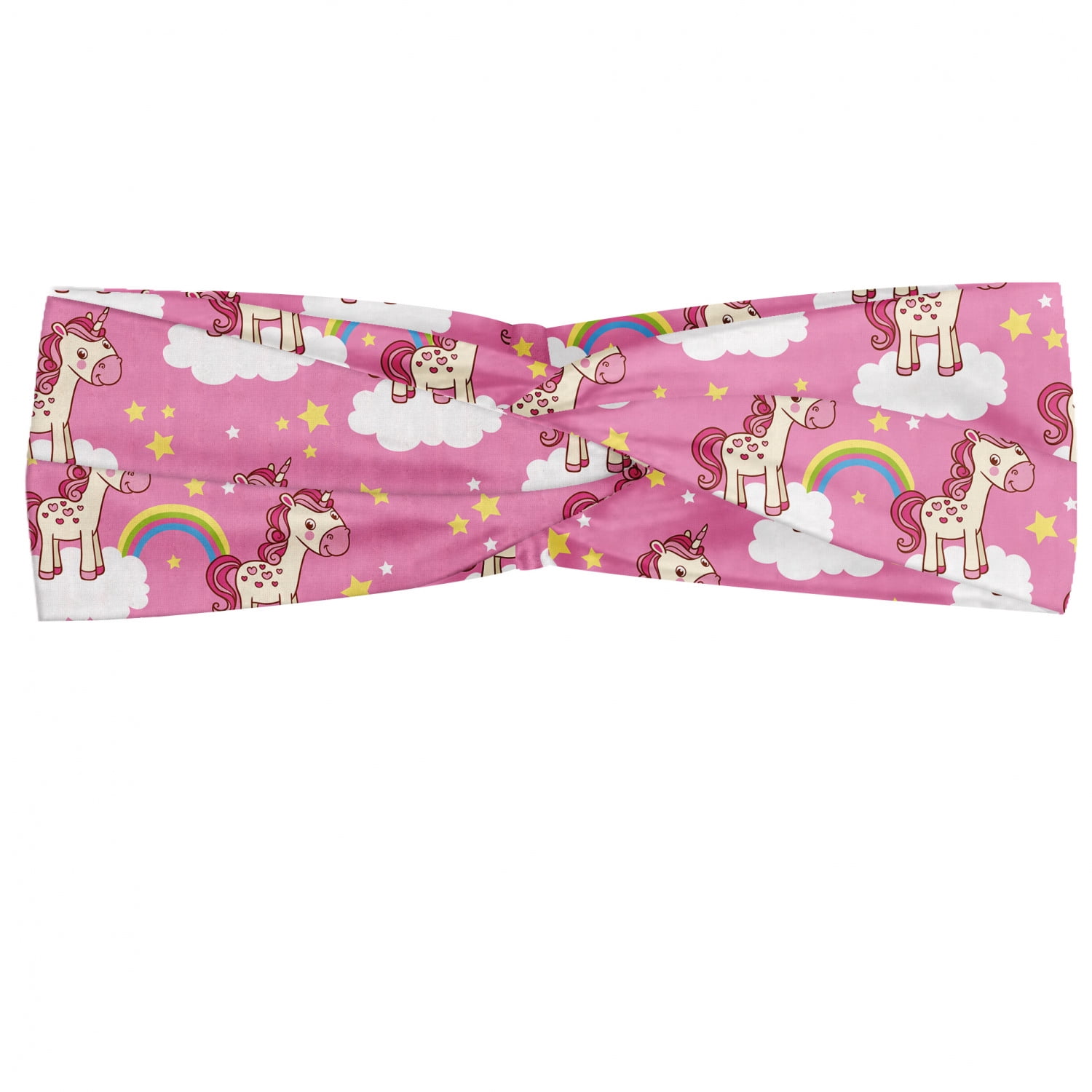 Nursery Headband, Unicorns Standing Clouds Rainbows and Stars on a Pink ...