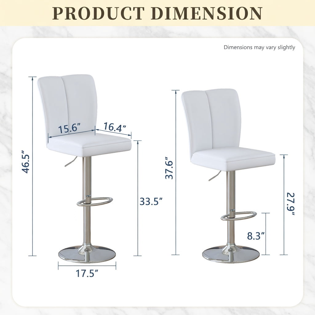 Hommoo Modern PU Leather Bar Stools Set of 2 with Adjustable Height, 360° Swivel & Trumpet Silver Metal Legs, Contemporary Kitchen, Bar & Lounge Seating, White