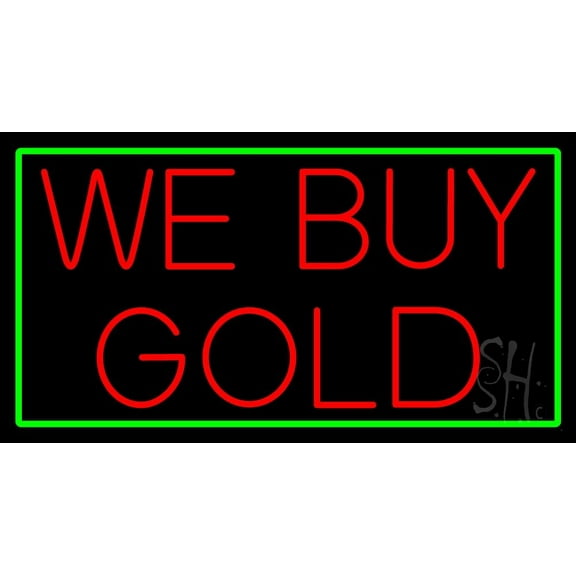 We Buy Gold Green Border LED Neon Sign 13 x 24 - inches, Black Square Cut Acrylic Backing, with Dimmer - Bright and Premium built indoor LED Neon Sign for Pawn store interior decor, and stroefront.