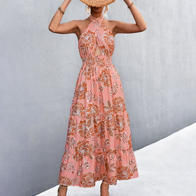 Vestido largo de verano para mujer, vestido de verano para mujer, vestido de cuello halter cruzado sin espalda, vestido de verano con cuello halter cruzado diseñado para precisión