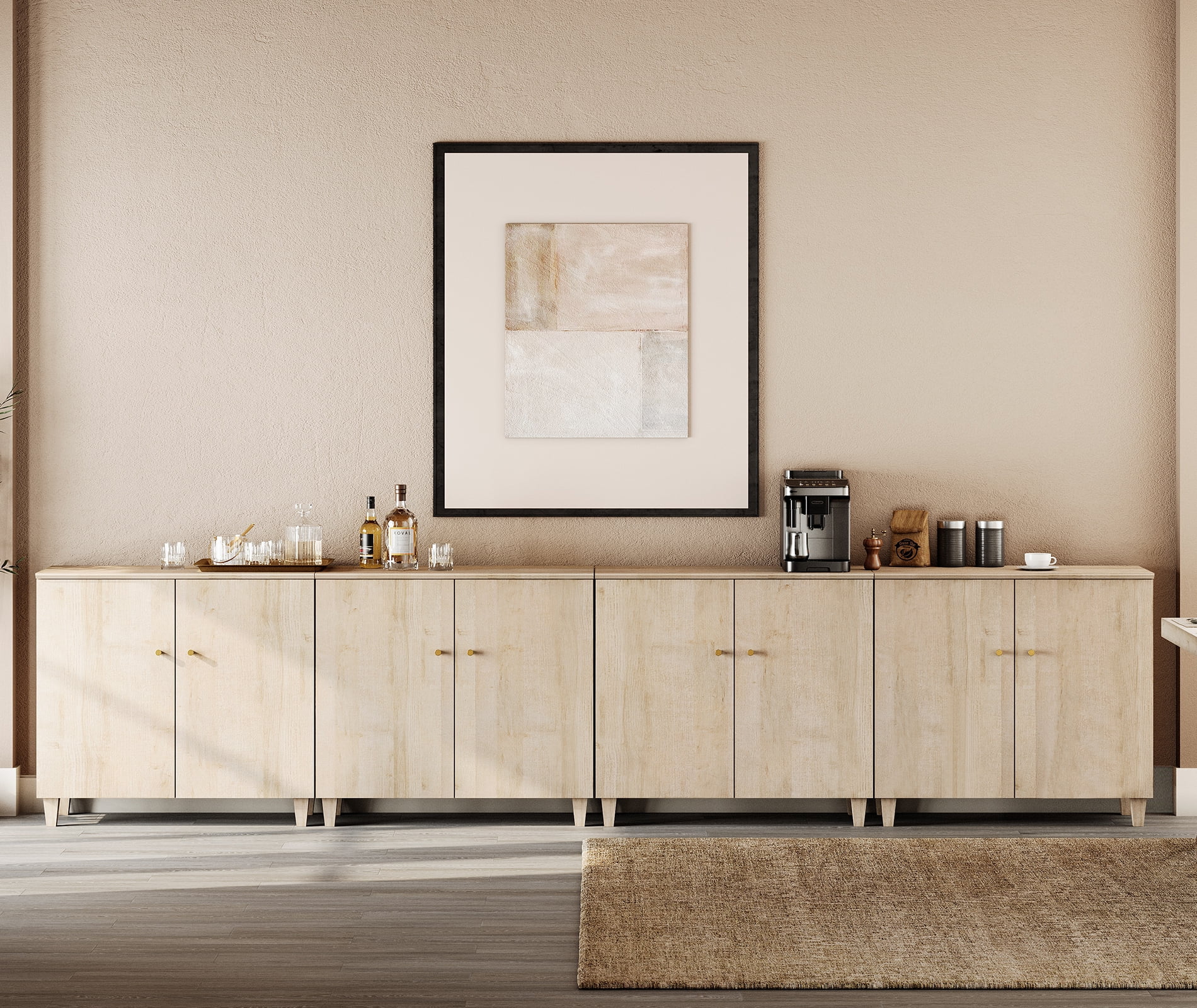 Sideboard Buffet Cabinet with 12 Compartments, 142" Wide, Light Oak Wood Finish