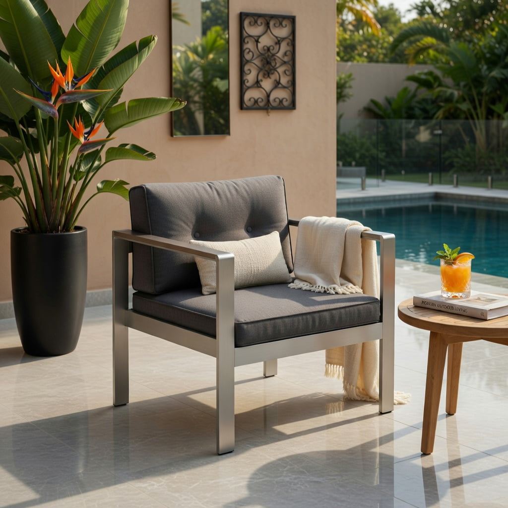 Hommoo Modern Aluminum Outdoor Sofa Chair with WPC Armrests, Olefin Cushions & Ergonomic Support, Lightweight, Weather-Resistant Patio Seating, Gray