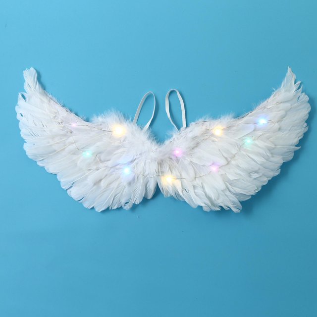 alas de ángel alas de hadas usable cómodo disfraz de ángel decorativo alas de plumas cosplay para juego de roles accesorios de fotos fiesta temática 65x35cm fernando alas de angel Blanco, vista frontal centrada de alas plegables de plumas con tirantes elásticos; capas de plumas blancas y costura central acolchada, luces de colores visibles a lo largo del borde; fondo azul liso. Adecuadas como accesorios para disfraces, cosplay y sesiones de fotos.