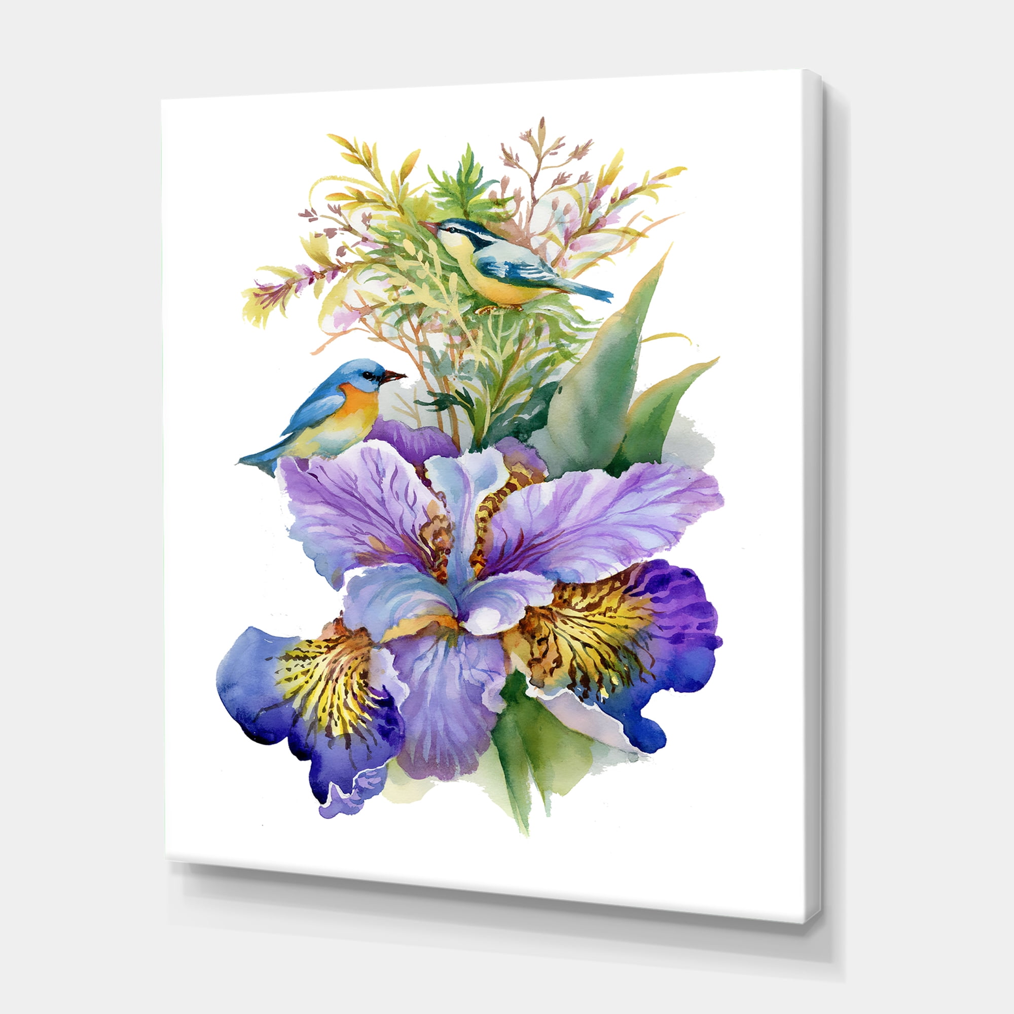 Designart ' Birds With Purple Iris ' Traditional Canvas Wall Art Print