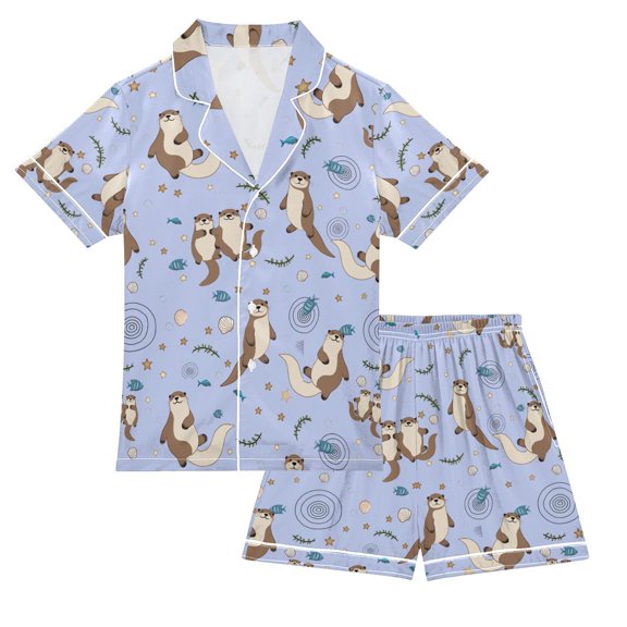 FORMRS Kids Short Sleeve Top and Pants Pajama Set Unisex Satin 2-Piece Sleepwear, Sizes 5-6Y, Cartoon Otters Pattern