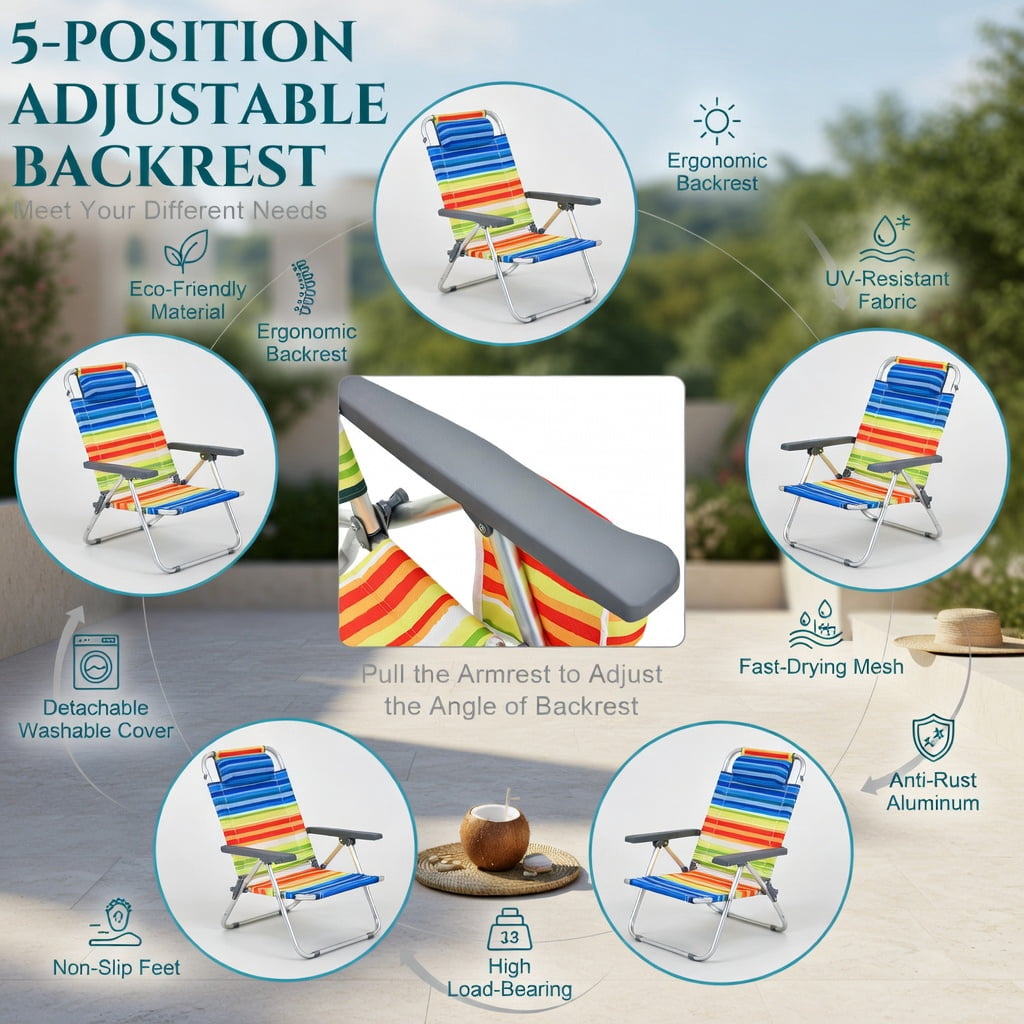 Hommoo 2-Pack Foldable Beach Chair with Pillow, 5-Position Reclining Outdoor Lounge Chair for Beach, Pool & Camping, Yellow