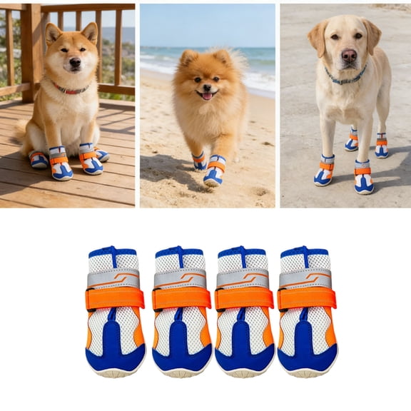 Reflective Dog Boots, Breathable Mesh Summer Dog Shoes with Anti- Rubber Soles, Heat Protection for Hot Pavement, Set of 4, Orange/Blue