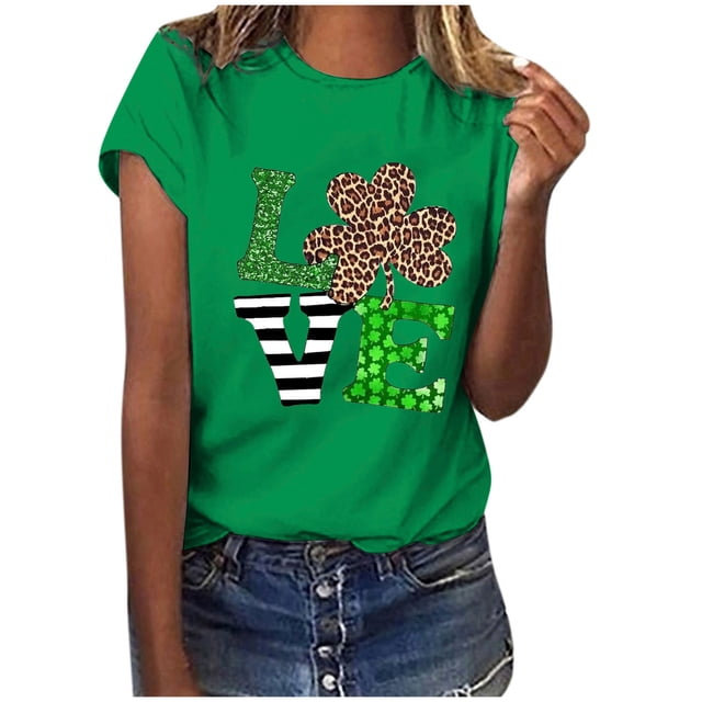 TopLLC St. Patrick's Day Patricks Day Chemises pour Femmes Hauts de Gommage St Patricks Day Mode Dames St. Imprimé Léopard Manches Courtes Col Rond Chemise Femme Décontractée Ample