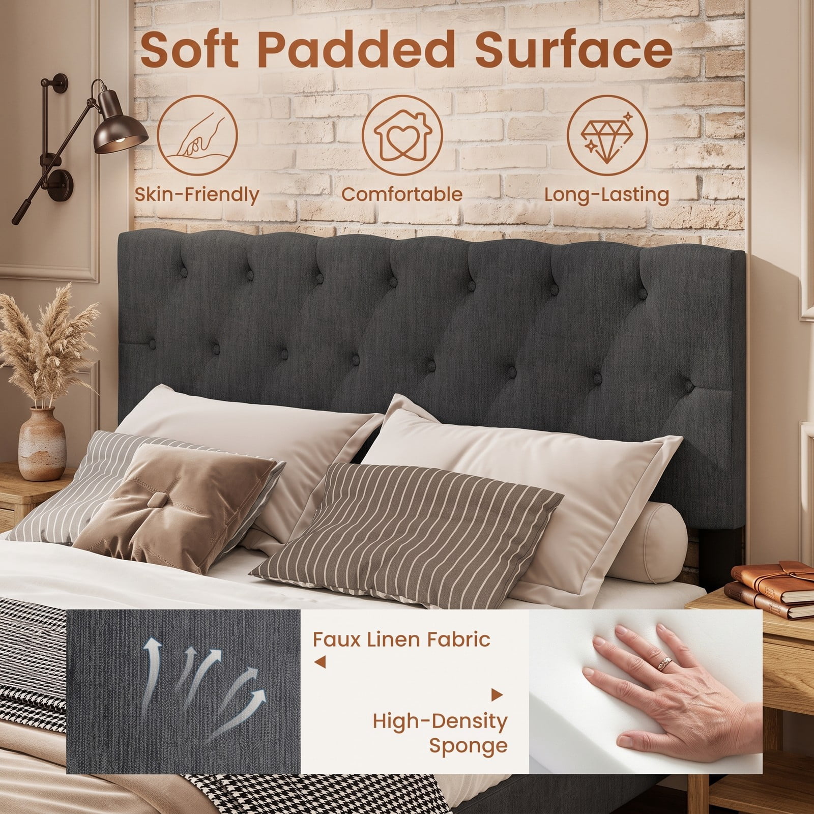 Furnibear Queen Bed Frame, Upholstered Platform Bed Frame with Tufted Wingback Headboard, Queen Bed Frame with Headboard and Slat Support, Gray