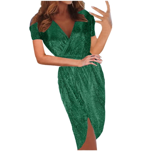 Mrat Robe à Sequins pour Femmes Robe Midi Tendance Robe Fendue sur le Côté Robe à Manches Courtes Robes de Soirée S-105 Vert TG