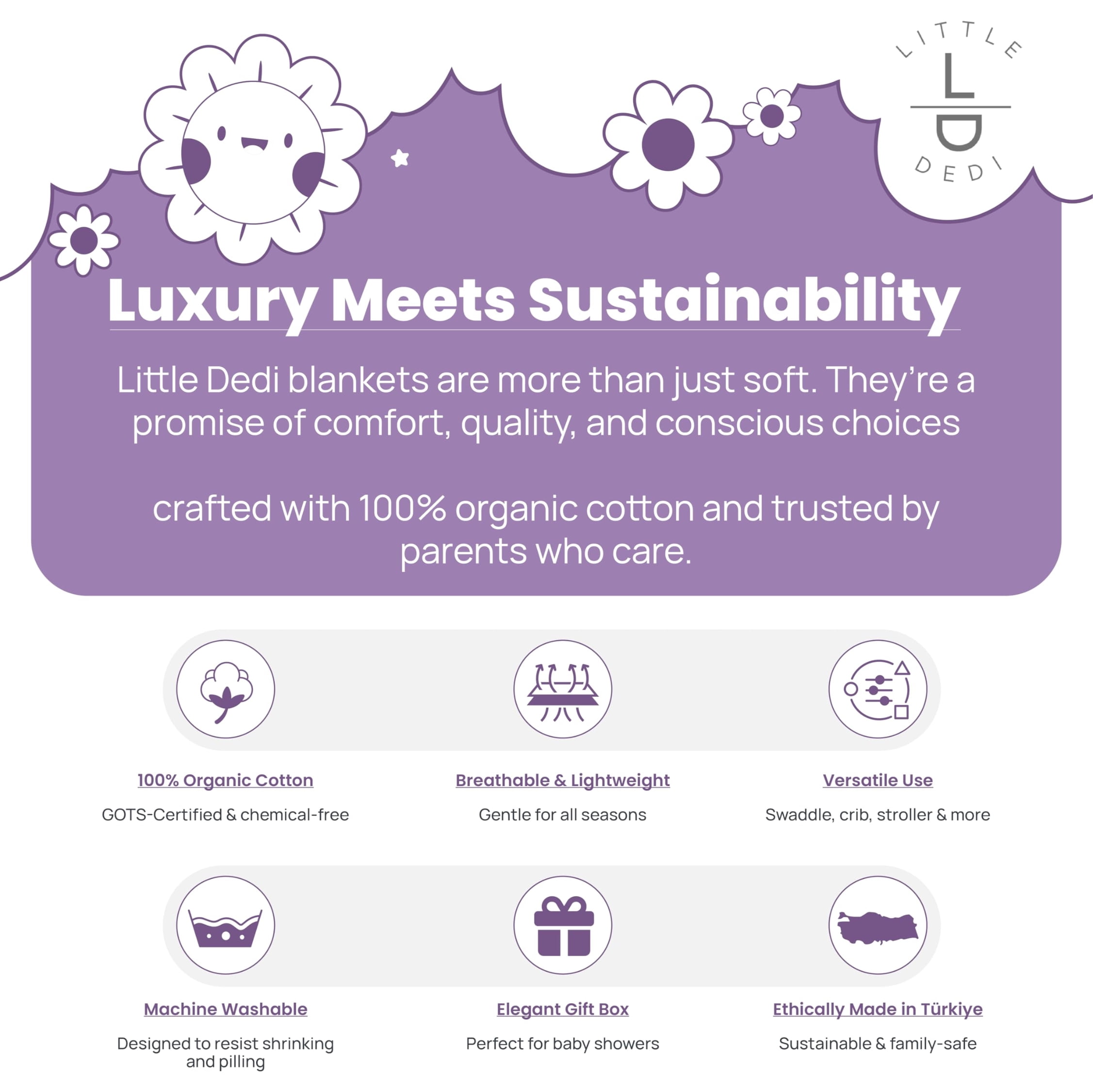 Little Dedi 100% Organic Cotton Baby Knitted Blanket with Gift Box - Soft Toddler, Crib, Stroller Blanket - Neutral Swaddle and Receiving Blanket for Newborns, 30"x40", Sweet Grape