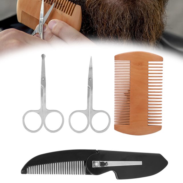 4 In 1 Beard Styling Comb Kit - Beard Shaper Comb - Mustache Scissors - Fordable Trimming Comb With Portable Design For Better Hair Texture And Appearance