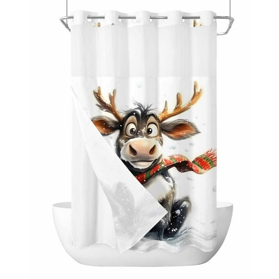 No Hook Shower Curtain with Snap in Liner,Christmas Cartoon Reindeer Shivering on Snow Waterproof Bath Curtain Double Layers with See Through Top Window, Winter Hotel Shower Curtains 36x72in