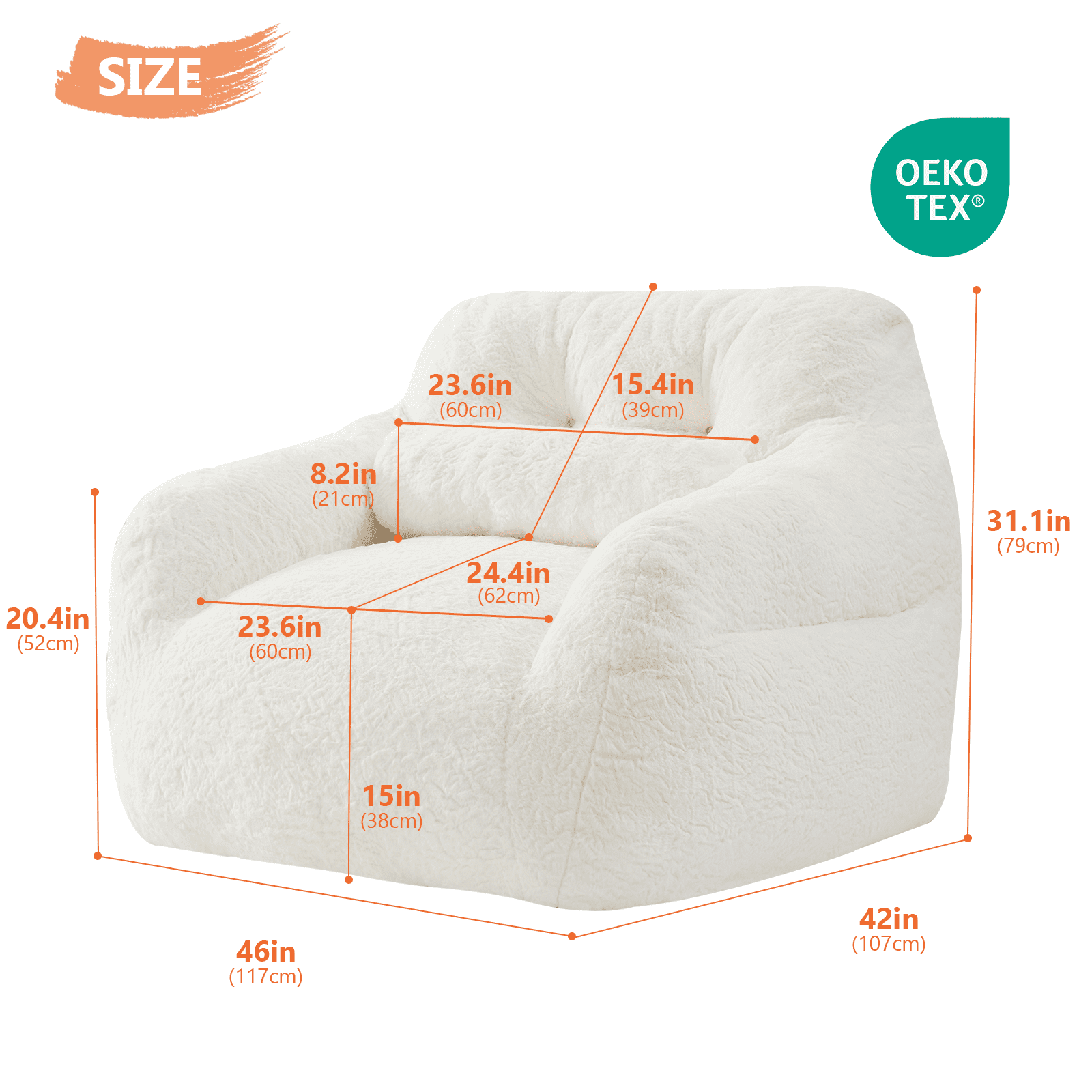 Ebenchico 3.8ft Oversized Bean Bag Chair for Adults Teens Kids, Beanbag Chairs with Pillow, Reading Gaming Relaxing Chair, White
