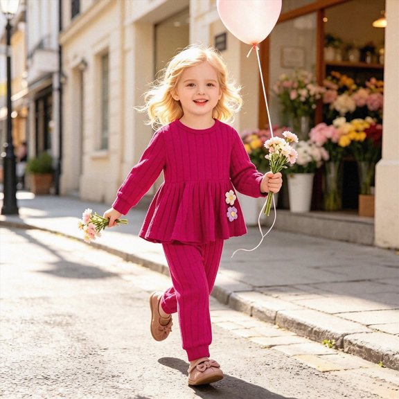 xaweyi Toddler Girls Long Sleeve Ruffle Hem Outfit Set 2‑Piece Casual Ribbed Top & Pants for Fall Daily Wear Size 2-3 Years