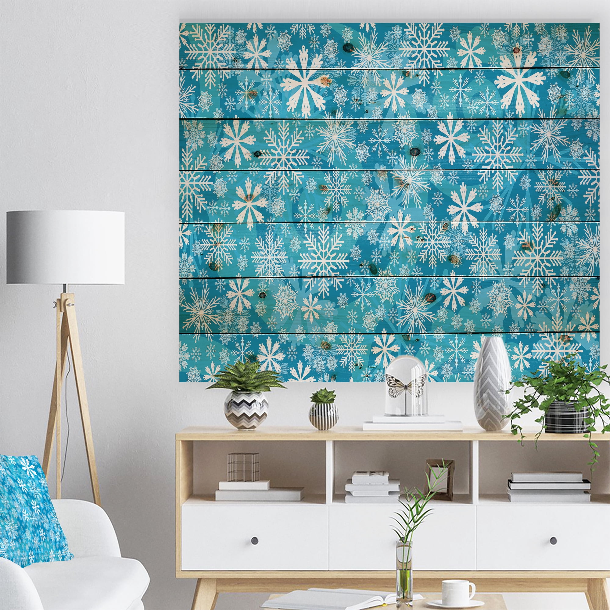 Designart 'Light Blue Snow Crystal Pattern' Print on Natural Pine Wood