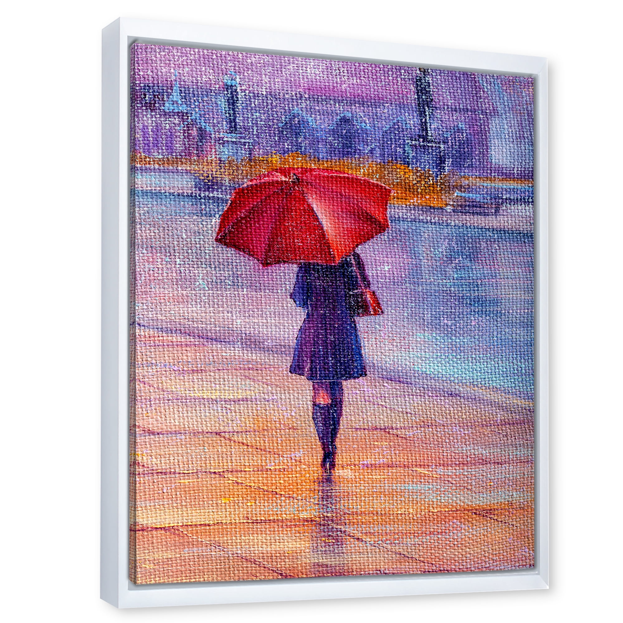 Designart 'Girl Walking With Red Umbrella Under The Rain' French Country Framed Canvas Wall Art Print
