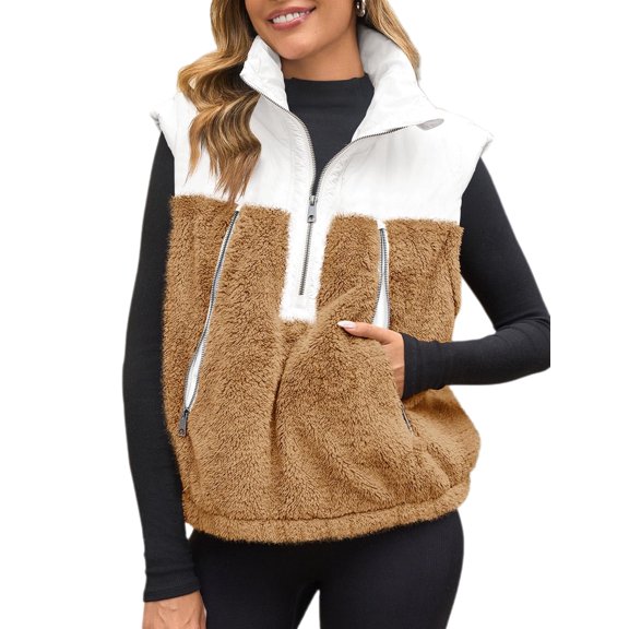 Sleeveless Fleece Sherpa Patchwork Vest Coat Women Winter Casual Half Zipper Jacket Coat