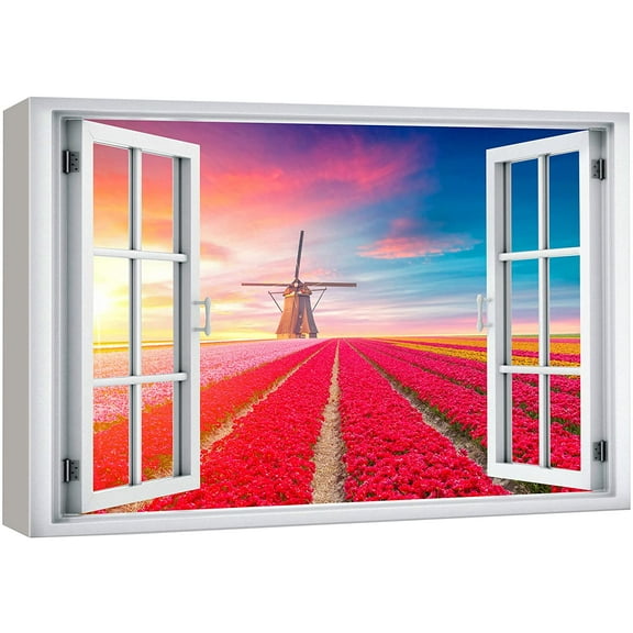 wall26 Canvas Print Wall Art Window View Dutch Windmill Rainbow Sunset Flowers Wilderness Nature Photography Realism Scenic Landscape Colorful Multicolor for Living Room, Bedroom, Office - 32"x4