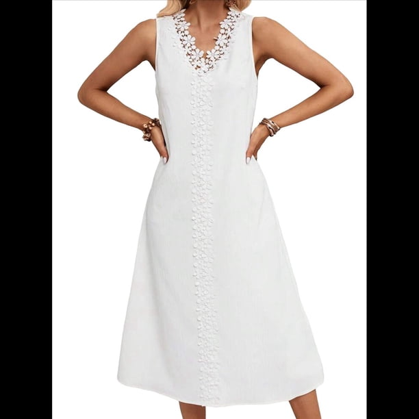 Vestidos de Verano para Mujer, Informales, Sin Mangas, con Encaje y Escote en V, Vestidos Midi Sin Mangas, Estilo Swing, para Vacaciones y Playa. L