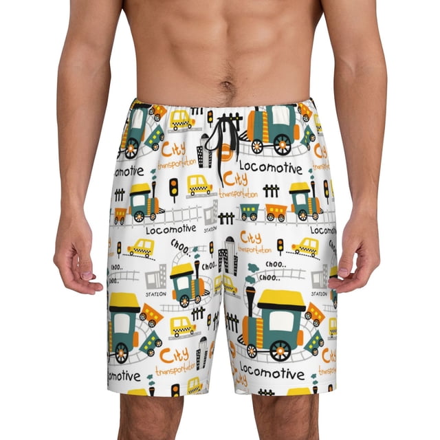 Balery Transportation Cartoon Pantalones cortos de pijama de punto de algodón para hombre con cinturilla y bolsillos-4X-Large