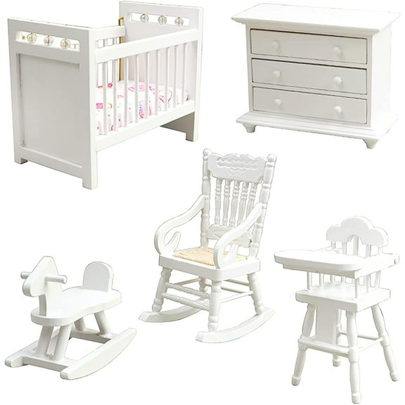 Miniature House Wooden Bedroom Furniture Accessories Set Including Mini Bed Rocking Horse Chair High Chair Closet for Mini House DIY Decoration Party Favor