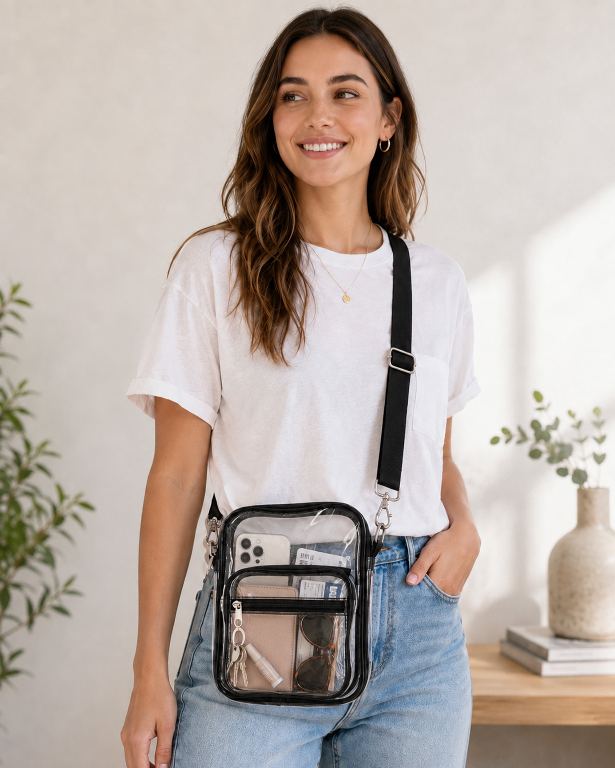 Clear Crossbody Bag with Adjustable Strap, Transparent PVC Shoulder Bag with Dual Front Zip Pockets for Concerts, Events & Travel