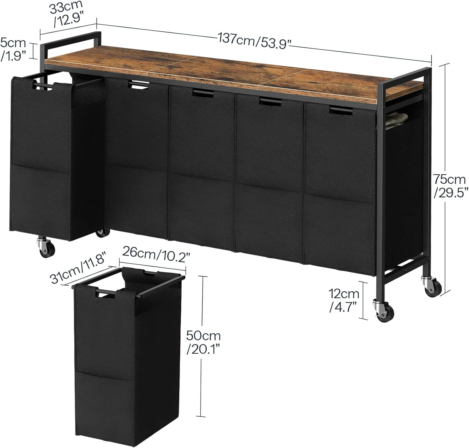 Laundry Sorter 5 Sections, Laundry Hamper with Wheels, 5 × 10.5 Gallon (40 L), Rolling Laundry Basket, Pull-Out and Removable Oxford Fabric Bags, Rustic Brown and Black BF07XY01