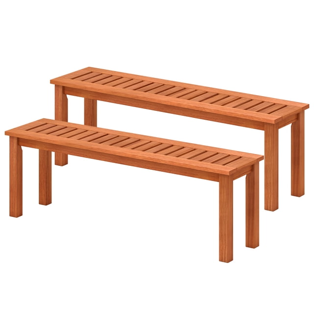 Patiojoy 2Pcs Outdoor Solid Wood Bench Backless Dining Bench w/ Slatted Seat