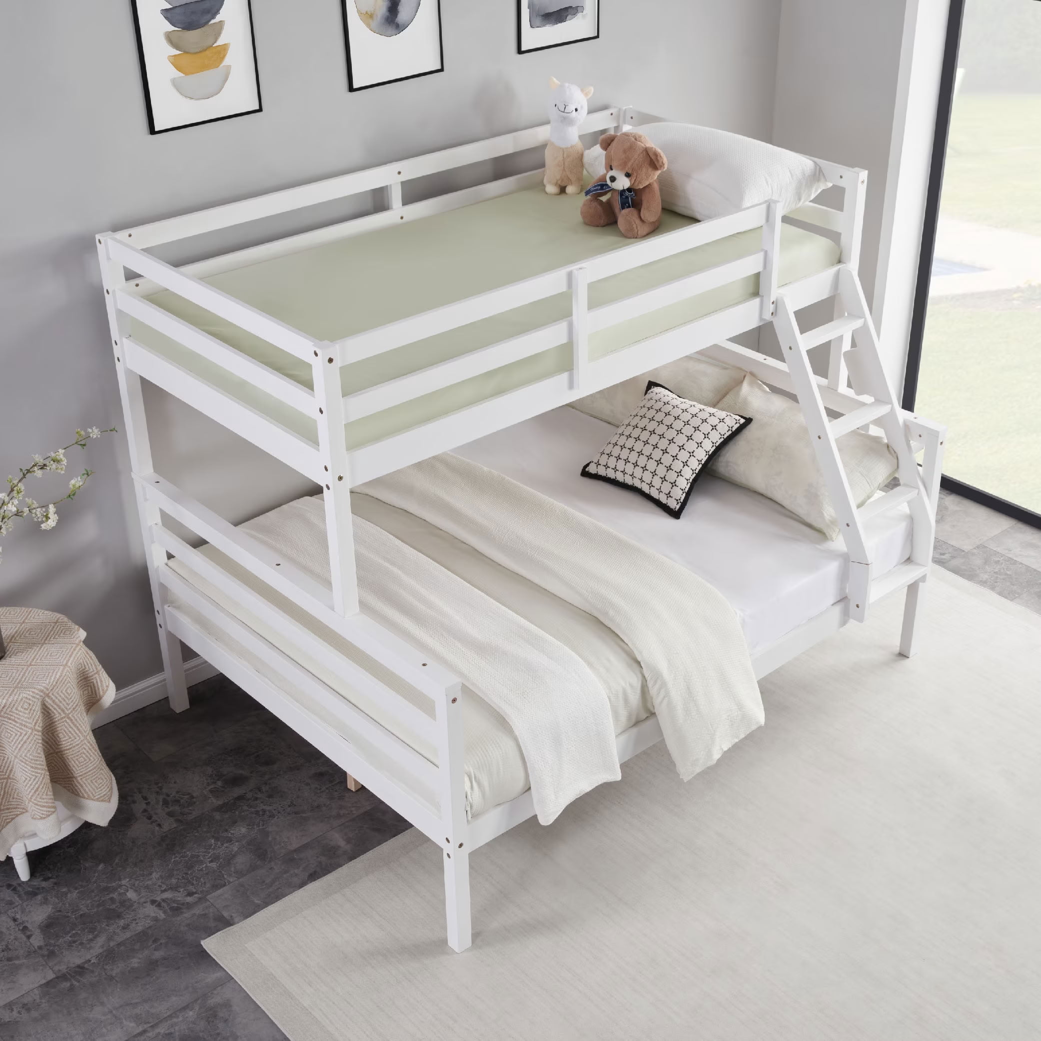 MAYEERTY Twin over Full Wooden Bunk Bed with Ladder and High Guardrail, Space-Saving Bunk Bed for Kids, Teens, Dorm Rooms, and Guest Rooms