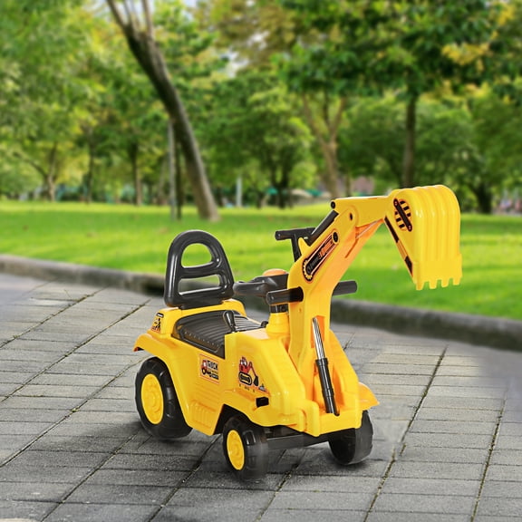 HOMCOM Kids Ride On Excavator Toy, Foot Powered Construction Vehicle with Front Loader Bucket, Under Seat Storage, Horn, Yellow, Ages 18-48 Months