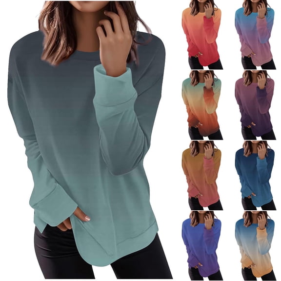 HVOBTTY Women's Long Sleeved Sweatshirts, Fall and Winter Tops for Women, Women's Casual Gradient Print Crew Neck Side Slit Daily Wear Pullover Sweatshirt Khaki, Khaki