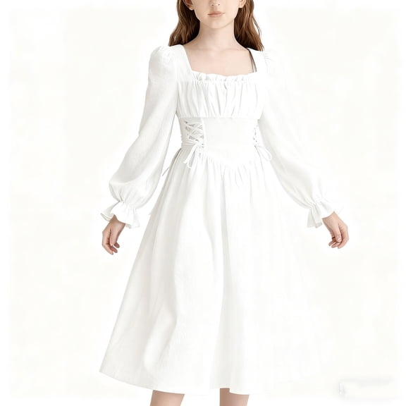 ATOGUTA Girls Dresses Teen Kids Long Sleeve Party Birthday Prom Formal Fancy Midi Dress Size 7-15, White