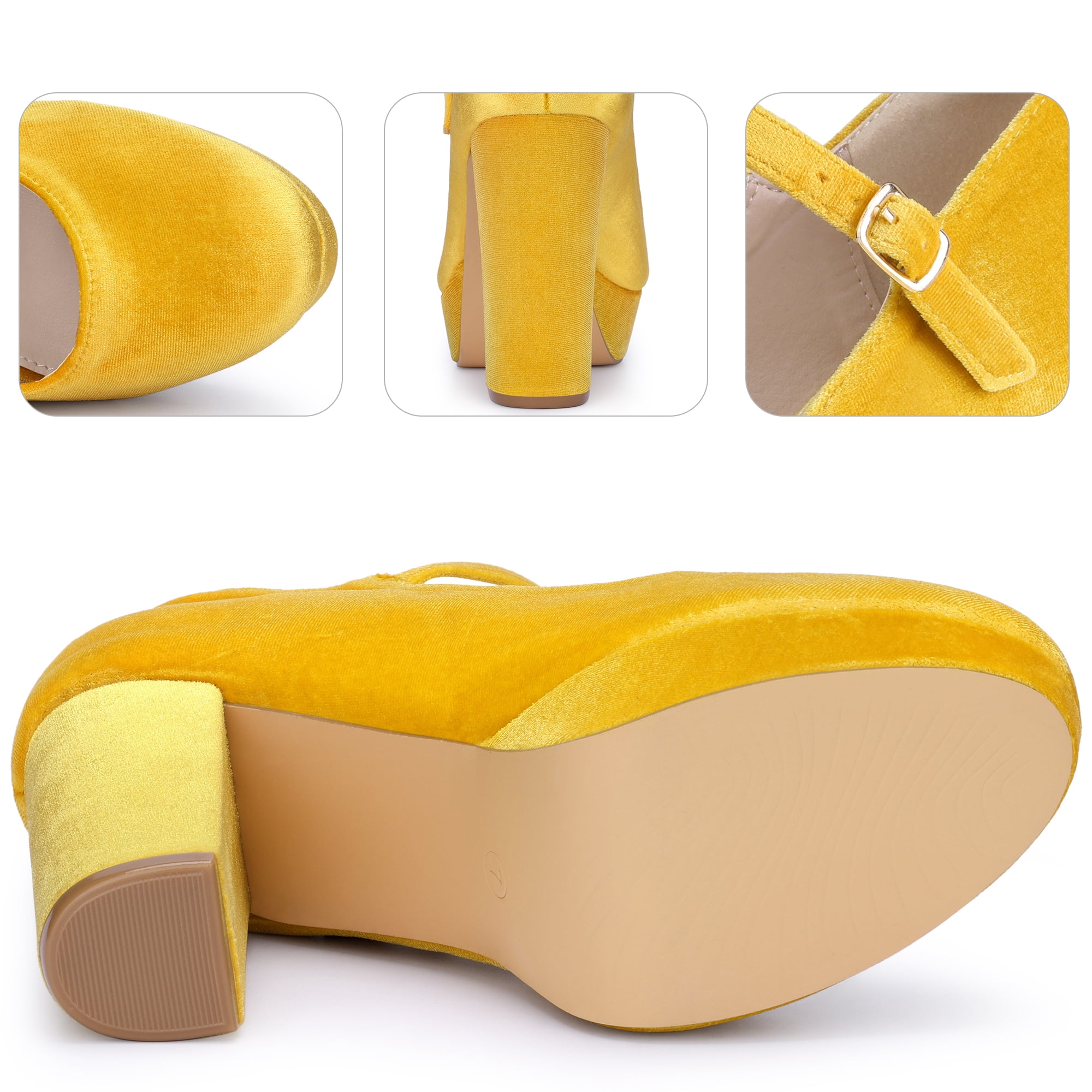 DARING DIVA Women's Velvet Ankle Strap Platform Block Heels Mary Jane Pumps Yellow 7