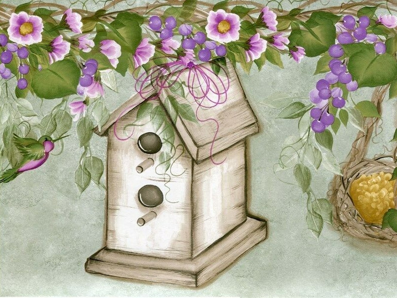 Prepasted Wallpaper Border Nature Grey, Green, Purple, Pink Birds