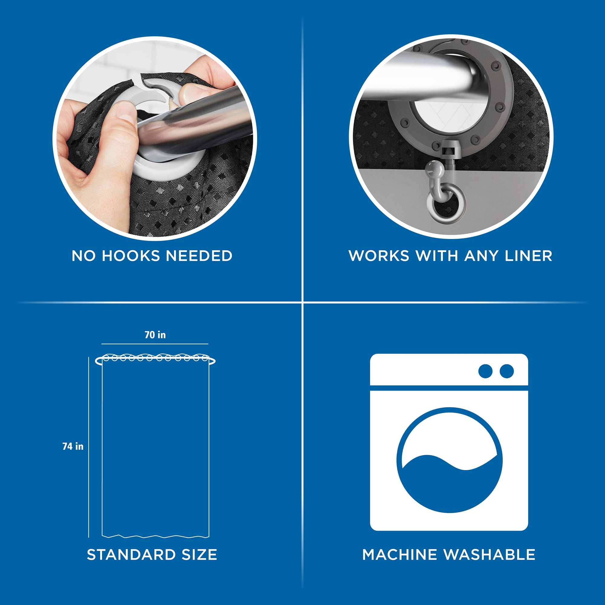 Mainstays Gemma Easy Hang Hookless Fabric Shower Curtain with Built-in Rings, 70" x 74", Black