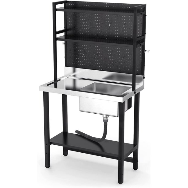 Commercial Sink with Drainboard and Adjustable Shelves Over