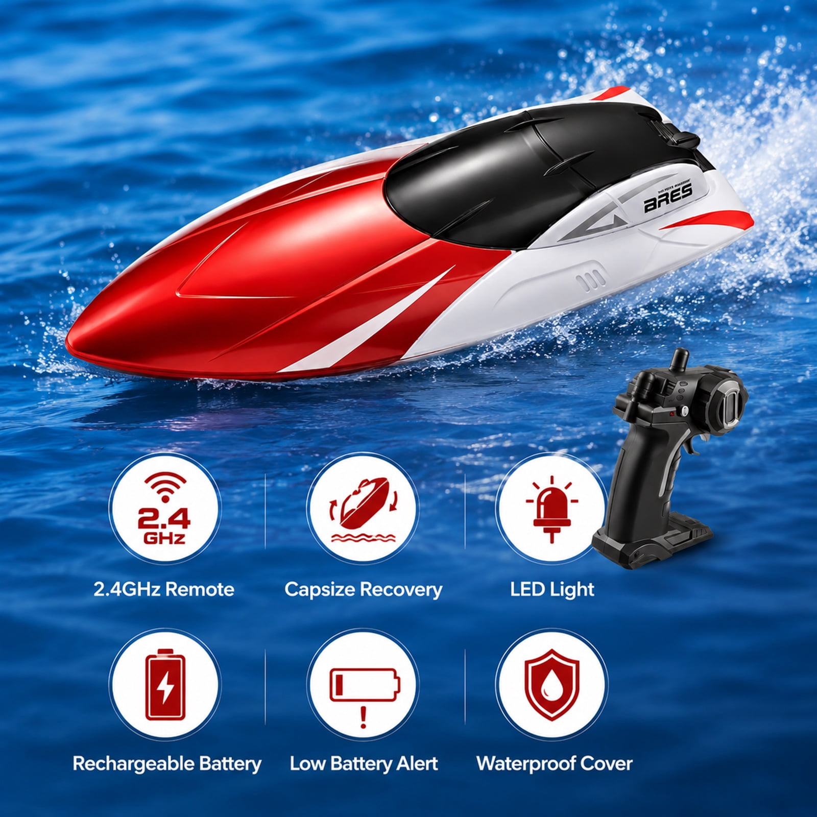 Funtogether toys High Speed RC Boat, 18MPH Fast Remote Control Boats for Pool and Lake, 2.4GHz Waterproof Yacht with 2 Rechargeable Batteries and LED Light for Kids and Adults