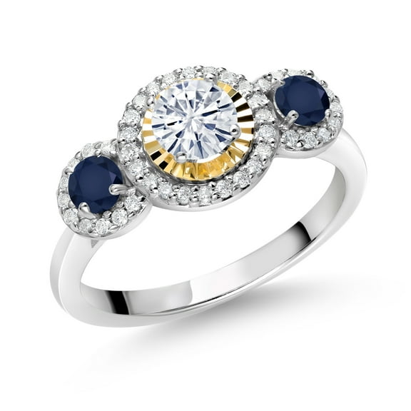 Gem Stone King 925 Silver and 10K Yellow Gold Blue Sapphire Lab Grown Diamond 3 Stone Women Engagement Ring Set with Moissanite (0.84 Cttw, Size 9)